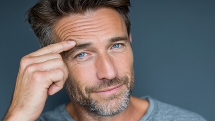 Obraz premium Male cosmetologist demonstrates skincare technique on forehead in a modern studio environment