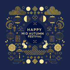 Happy mid autumn festival decorative elements with rabbits and lanterns