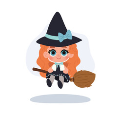 cute witch girl halloween cartoon illustration child character flying with broomstick adorable