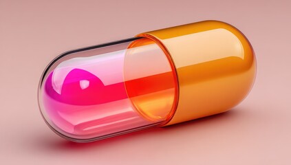 Bright orange and clear capsule, pink liquid inside