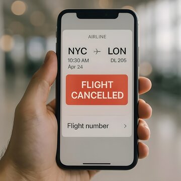 Flight Cancelled Mobile Alert, Passenger Smartphone Notification in Airport