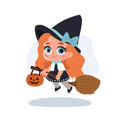 little girl with broomstick and pumpkin jack o lantern for halloween holiday decorative