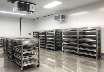 Photo of an empty industrial cold room with stainless steel shelves, designed for commercial refrigeration storage