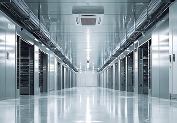 Photo of an empty industrial cold room with stainless steel shelves, designed for commercial refrigeration storage