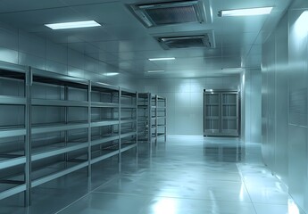 Fototapeta premium Photo of an empty industrial cold room with stainless steel shelves, designed for commercial refrigeration storage