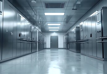 Fototapeta premium Photo of an empty industrial cold room with stainless steel shelves, designed for commercial refrigeration storage