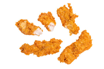 Deep fried chicken strips, stick from breast fillet isolated on white background