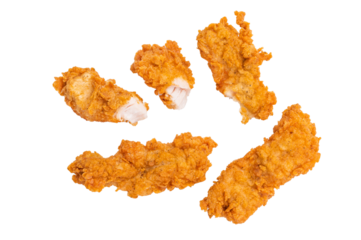 Deep fried chicken strips, stick from breast fillet isolated on white background