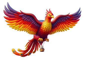 Fototapeta premium A vibrant phoenix, wings outstretched, soaring above in a hot air balloon, displays a spectrum of fiery colors against a stark black background.