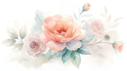 Watercolor floral arrangement with peach and pink roses
