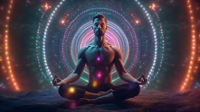 Meditierender Mann mit spirituell leuchtendem Hintergrund &ndash; Yoga, Meditation, Achtsamkeit, Spiritualit&auml;t und innere Ruhe in Endlosschleife (Loop) f&uuml;r Wellness, Heilung und mentale Gesundheit