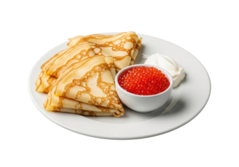 Delicate blini triangles, ruby-red caviar, and creamy sour cream on a white plate, studio shot with soft lighting, shallow depth of field, and bokeh, elegant celebratory appetizer concept