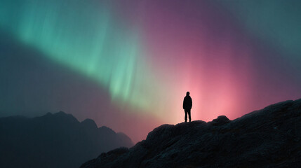 Silhouette of a person standing on a ridge beneath a vibrant aurora borealis. Evokes wonder, adventure, and solitude. Ideal for travel, inspiration, or mindfulness content.