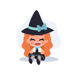 halloween cartoon witch cute little girl with hat and bow sitting happy child character for halloween