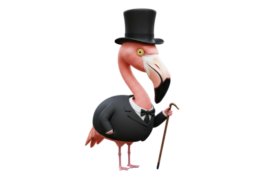 Isolated flamingo in a suit with a cane, looking dapper and well-dressed, top hat and bowtie - Powered by Adobe