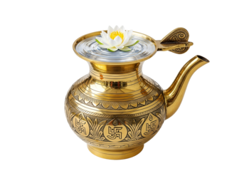 A golden brass vessel, intricately decorated with symbols and patterns, holds a white lotus flower in still water.