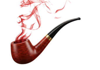 Isolated wood smoking pipe with red smoke, vintage item for recreation and pleasure