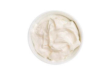 Healthy Fresh greek yogurt in a bowl isoalted on white background. top view