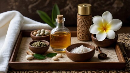 Spa and wellness set with aromatherapy oils, towels, candles and frangipani flowers for relaxation
