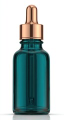 Teal bottle w/golden dropper, liquid inside. Opaque glass reflects light on a white surface