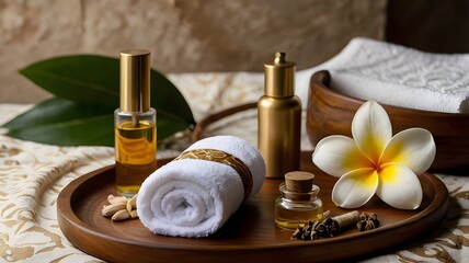 Spa and wellness set with aromatherapy oils, towels, candles and frangipani flowers for relaxation