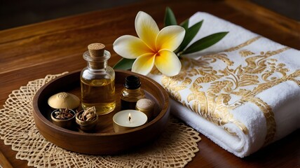 Spa and wellness set with aromatherapy oils, towels, candles and frangipani flowers for relaxation