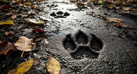Dog paw prints walking on wet ground among fallen autumn leaves  