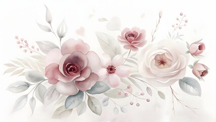Watercolor floral arrangement with pink and white roses