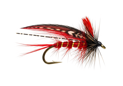 Detailed macro photograph of a vibrant red and black fishing lure with intricate feather and hackle details isolated on transparent background