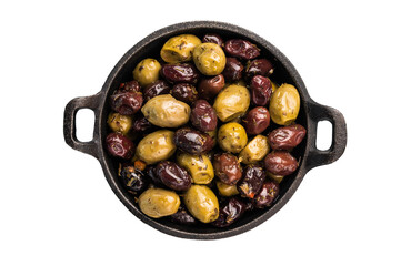 Black and green pickled olives in skillet isolated on white background.