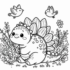 Charming stegosaurus with birds in a garden illustration for children's coloring book, black and white style

