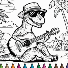 Fototapeta premium Cool dinosaur playing guitar in sunglasses illustration for children's coloring book, black and white style 