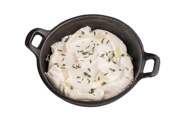 Tartar sauce in a bowl isoalted on white background. top view.