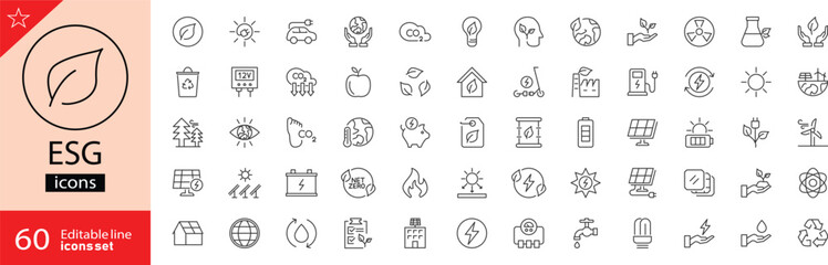 ESG icons set. Including sustainability, pollution, carbon footprint, recycling, renewable energy, net zero, climate action, and conservation. Editable stroke. Outline icons. Perfect for infographics.