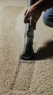Tight of carpet cleaners hands guiding powerful steam cleaning wand across stained carpet leaving clean dark path