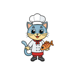 Adorable cartoon cat chef in a tall white hat holding a delicious fish ready to cook