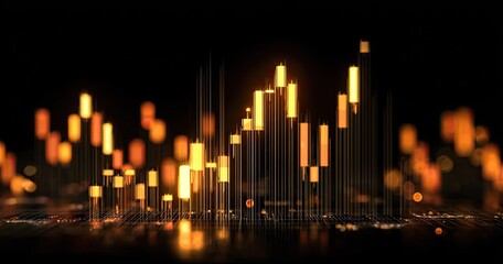 Abstract graphic of glowing, vertical data bars on a dark background, with blurred lights