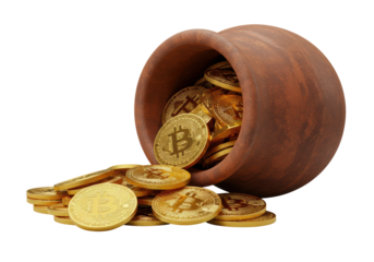 Isolated Bitcoins spilling from clay pot for crypto finance concept or virtual investing trend