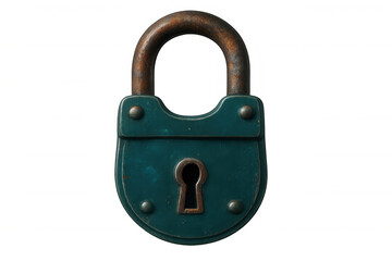 Weathered rusty padlock hanging against transparent backdrop, symbolizing security, privacy, and restricted access