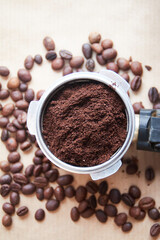 coffee beans and coffee machine horn