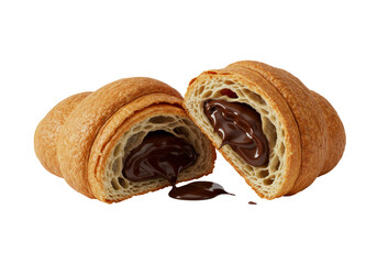 Isolated croissant cut in half with chocolate filling, pastry dessert food close-up