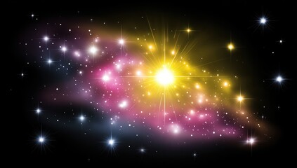 Obraz premium Brilliant stellar nebula with pink, gold, and white light against black