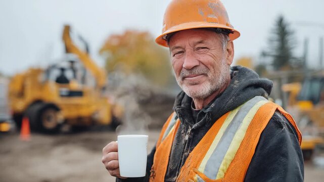 Smiling construction worker with hot beverage during break on construction site. Steam rising from mug. Wearing hard hat and reflective vest.