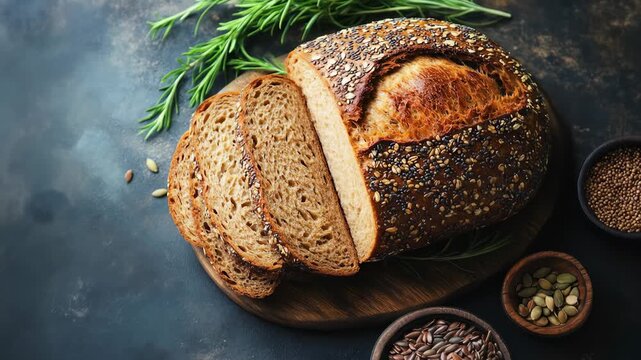 Sliced multigrain bread on wood board with rosemary and seed bowls