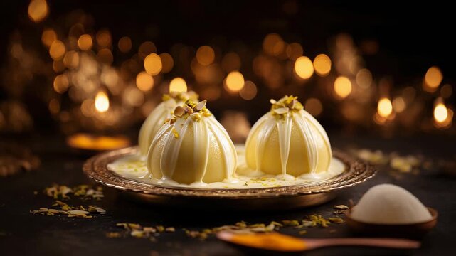 Sandesh / Rasmalai (Bengal) - Milk-based delicacies flavored with cardamom and saffron. on a dark background with golden bokeh lights 