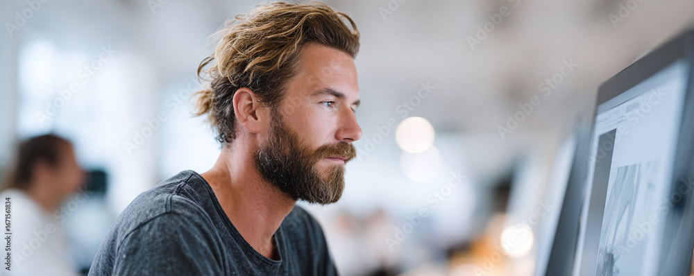 Poster focused man works intently at his computer in a modern office setting. could represent concentration