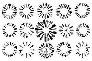 Black silhouettes of hairdressing tools arranged in circles