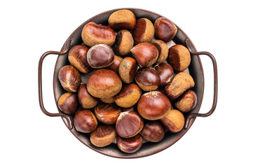 Heap of fresh chestnuts in kitchen tray ready for roasting isolated on white background
