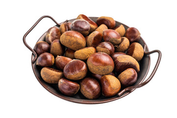 Heap of fresh chestnuts in kitchen tray ready for roasting isolated on white background