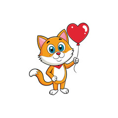 Adorable happy cat holding a bright red heart shaped balloon illustration